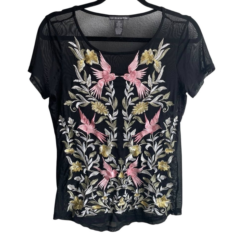 Chelsea & Theodore Embroidered Black Mesh Top Pink/Gold Accents Whimsical